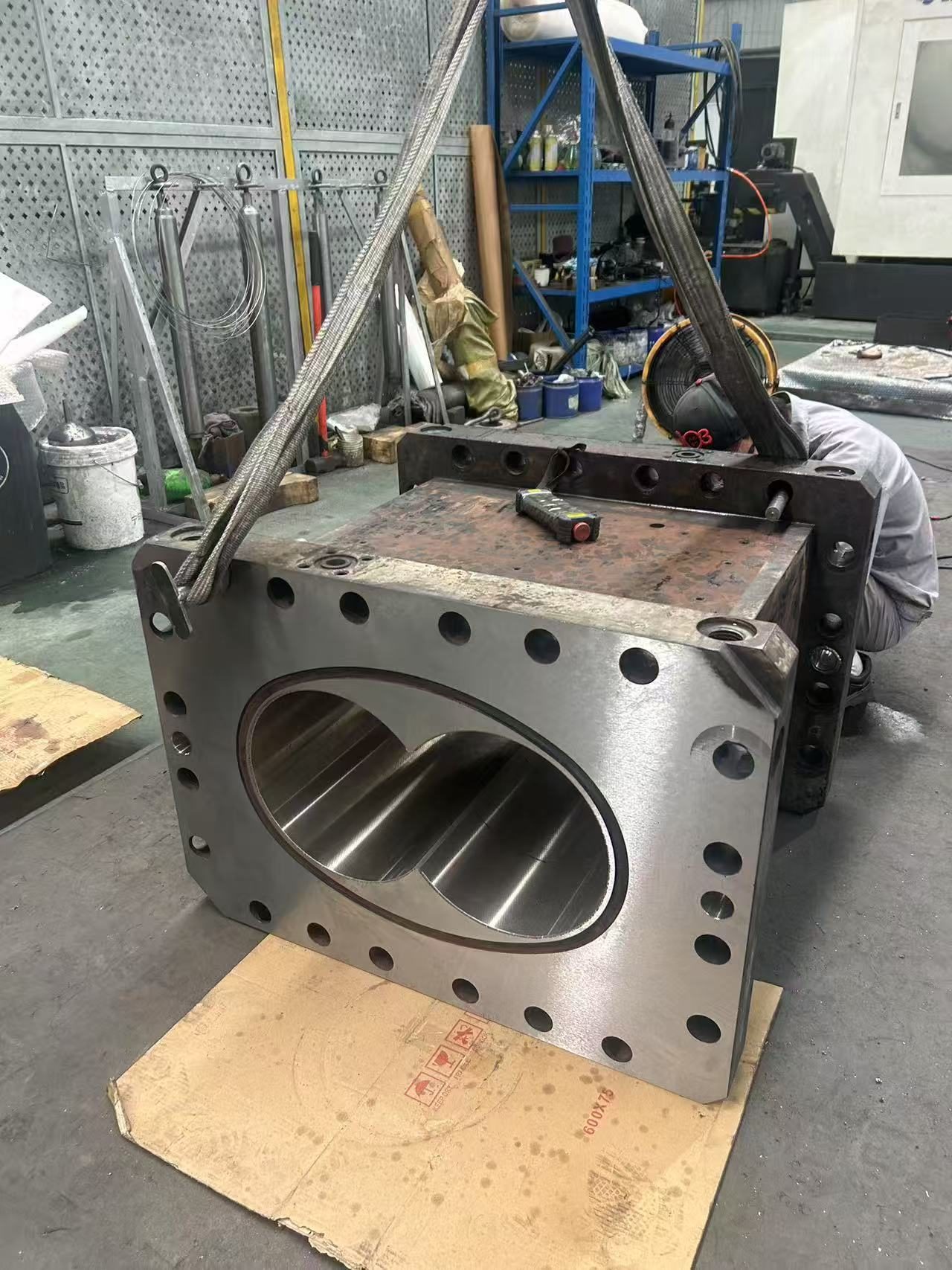 Refurbished twin-screw barrel showing re-machined bores