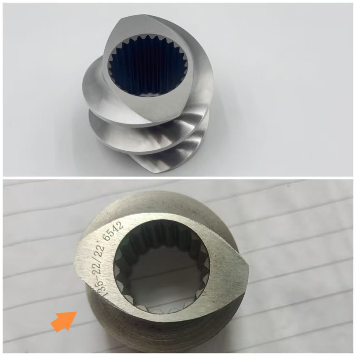Comparison of a ground and polished screw element against a milled element with visible tool marks and edge burrs